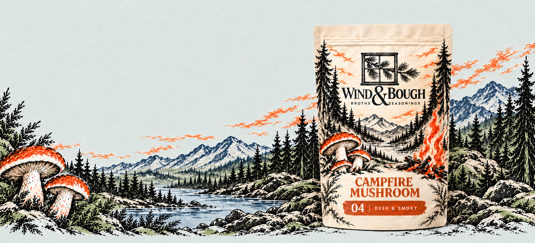 Ivory Campfire Mushroom concept pouch with charcoal and burnt-orange print, surrounded by a blue and sage landscape.